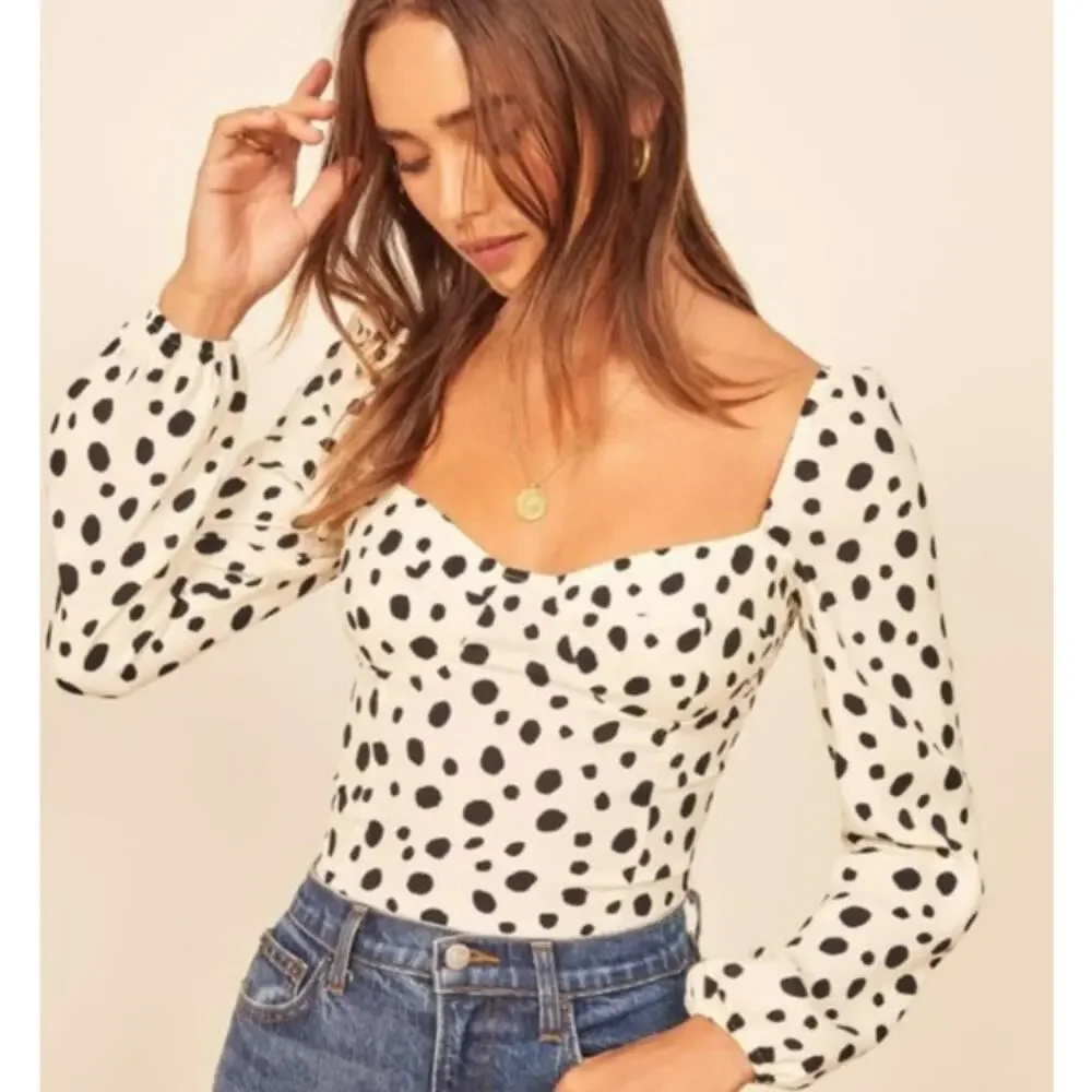 NWT Reformation Reign Polka Dot Corset Smocked Puff Sleeve Top 12